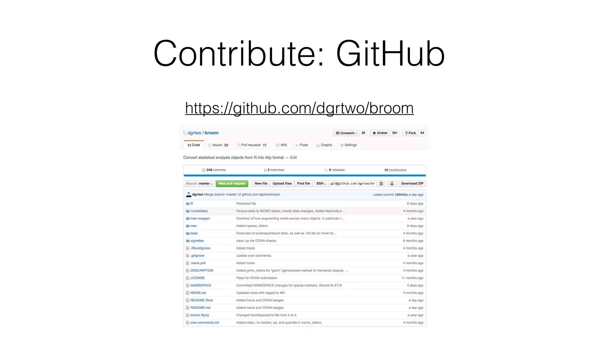 Contribute: GitHub https://github.com/dgrtwo/broom 