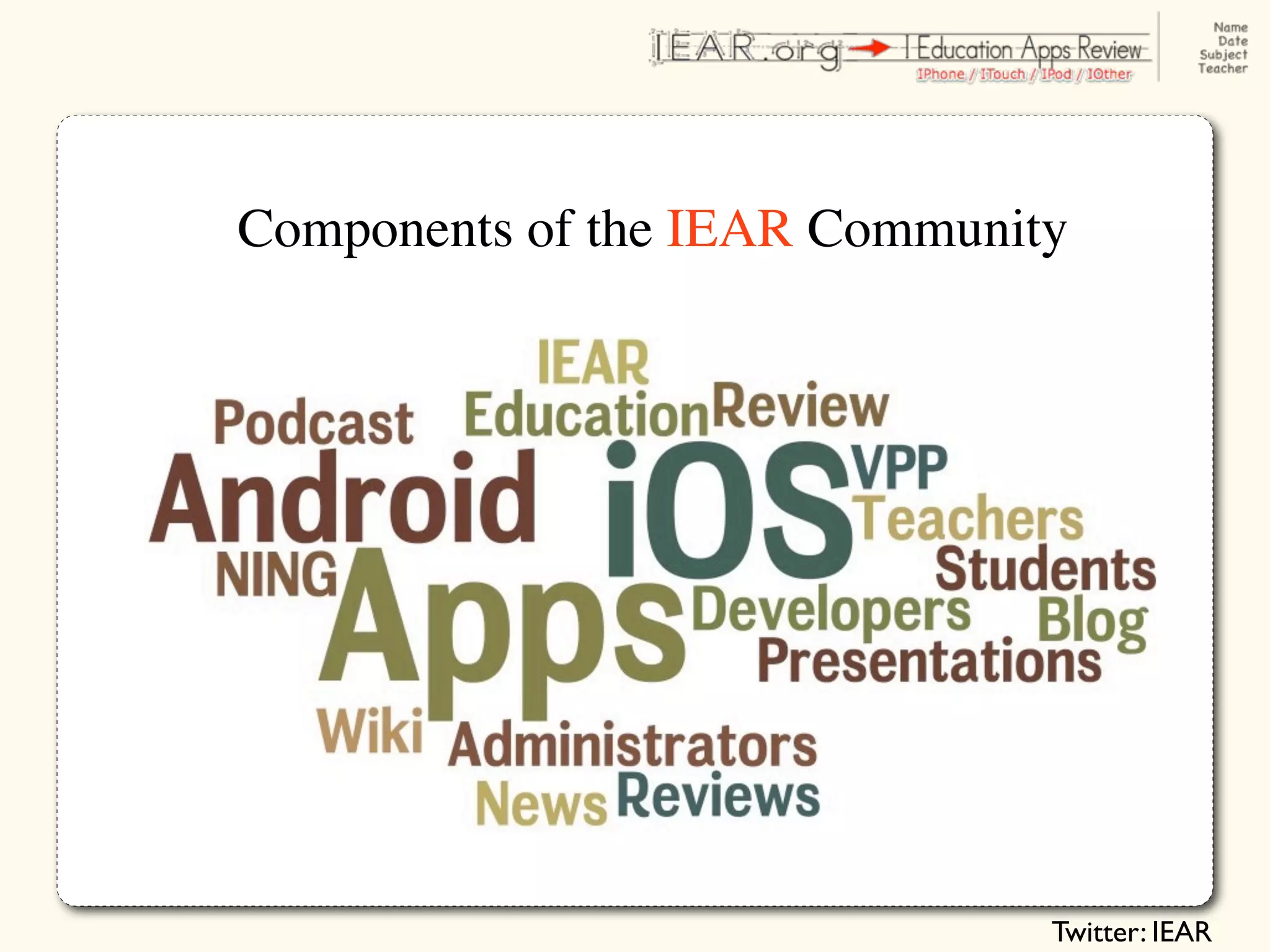 Components of the IEAR Community




                               Twitter: IEAR
 