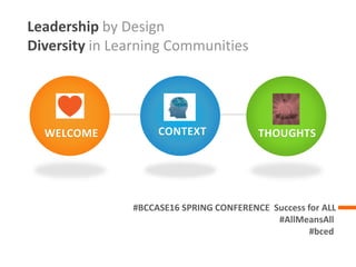 Leadership by Design
Diversity in Learning Communities
#BCCASE16 SPRING CONFERENCE Success for ALL
#AllMeansAll
#bced
WELCOME CONTEXT THOUGHTS
 
