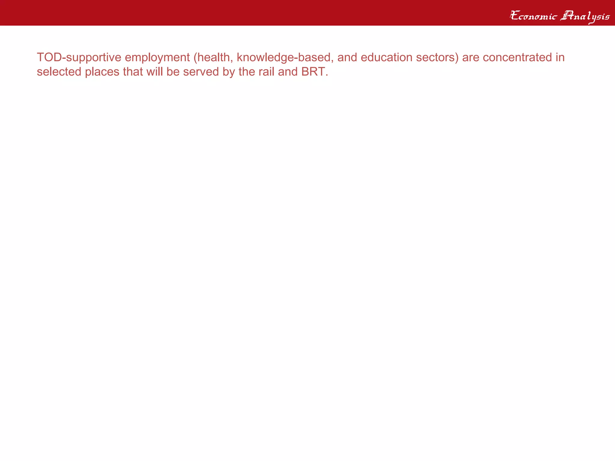 Economic Analysis
Regional Economic Analysis – Geographic Concentration
TOD-supportive employment (health, knowledge-based, and education sectors) are concentrated inMaps
                                                                  Key Sector Employment
selected places that will be served by the rail and BRT.
 