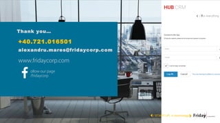 / START UP, in technology
+40.721.016501
alexandru.mares@fridaycorp.com
www.fridaycorp.com
ollow our page
/fridaycorp
Thank you…
 