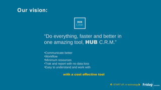 “Do everything, faster and better in
one amazing tool, HUB C.R.M.”
•Communicate better
•Workflow
•Minimum resources
•Trak and report with no data loss
•Easy to understand and work with
with a cost effective tool
/ START UP, in technology
Our vision:
HUB
C.R.M.
 