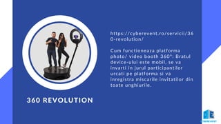 360 REVOLUTION
https://cyberevent.ro/servicii/36
0-revolution/
Cum functioneaza platforma
photo/ video booth 360°: Bratul
device-ului este mobil, se va
invarti in jurul participantilor
urcati pe platforma si va
inregistra miscarile invitatilor din
toate unghiurile.
 