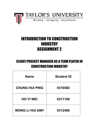 INTRODUCTION TO CONSTRUCTION
             INDUSTRY
           ASSIGNMENT 2

CLIENT/PROJECT MANAGER AS A TEAM PLAYER IN
         CONSTRUCTION INDUSTRY

     Name               Student ID


CHUNG HUI PING           0310592


   HO YI WEI             0311156


WONG LI HUI AMY          0312406
 