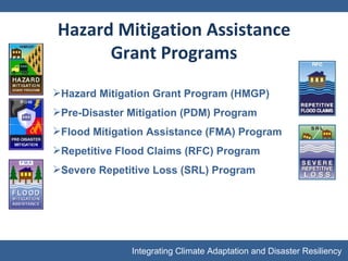 Hazard Mitigation Assistance Grant Programs Hazard Mitigation Grant Program (HMGP) Pre-Disaster Mitigation (PDM) Program Flood Mitigation Assistance (FMA) Program Repetitive Flood Claims (RFC) Program Severe Repetitive Loss (SRL) Program 
