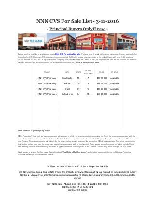 GCT Net Lease - CVS For Sale 2016. NNN Properties For Sale
GCT Net Lease is a licensed real estate broker. The properties shown on this report may or may not be exclusively listed by GCT
Net Lease. All properties and information is deemed accurate and reliable but not guaranteed and should be independently
verified.
GCT Net Lease - Phone: 860-385-1234 - Fax: 800-450-3780
360 Bloomfield Ave, Suite 301
Windsor, CT 06095
NNN CVS For Sale List - 3-11-2016
~ Principal Buyers Only Please ~
Below is only a small list of available corporate NNN CVS Properties For Sale. We have over 87 available locations nationwide. Contact us directly for
the entire list. CVS Pharmacy CVS/pharmacy (commonly called CVS) is the largest pharmacy chain in the United States, with over 9,200 locations.
CVS Caremark (NYSE: CVS) is a publicly traded company, S&P Credit Rated BBB+. Most of our CVS Properties for Sale are not listed on our website.
Contact us directly by filling out the form for an updated customized list. Principal Buyers Only Please
TENANT CITY STATE
YEARS
REMAINING
PRICE STATUS
NNN CVS Pharmacy
NNN CVS Pharmacy
NNN CVS Pharmacy
NNN CVS Pharmacy
Southgate
Auburn
Brazil
Bolingbrook
MI
GA
IN
IL
7
8
13
14+
$2,711,000
$2,875,000
$3,600,000
$6,388,200
Available
Available
Available
Available
What are NNN (Triple Net) Properties?
NNN Properties (Triple Net) is a lease agreement with a tenant in which the tenant are solely responsible for ALL of the expenses associated with the
property in addition to paying rent directly to your “Mail Box”. Expenses paid for by the tenant include Property Taxes, Insurance, Property Maintenance
and Repairs. These expenses are paid directly by the tenant, not as a reimbursement like some other NNN Leases operate. This brings more comfort
to investors as they truly own the property as a passive investors and with no involvement. These leases generally extends for a long period of time
with a strong financial and credit entity. Leases are typically between 10 to 25 years. In the Case of 7 Eleven they are on average 15 to 20 years.
Grab a copy of Dwaine Clarke's Latest Bestselling book "Real Estate Mail Box Money" an Investors resource to buying NNN Lease Properties.
Available at all major book retailers or online
 