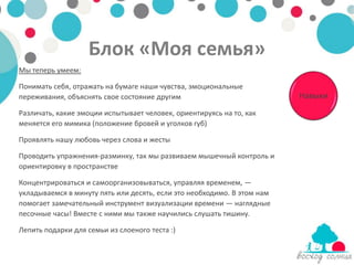 Блок «Моя семья»
Мы теперь умеем:

Понимать себя, отражать на бумаге наши чувства, эмоциональные
переживания, объяснять свое состояние другим                             Навыки
Различать, какие эмоции испытывает человек, ориентируясь на то, как
меняется его мимика (положение бровей и уголков губ)

Проявлять нашу любовь через слова и жесты

Проводить упражнения-разминку, так мы развиваем мышечный контроль и
ориентировку в пространстве

Концентрироваться и самоорганизовываться, управляя временем, —
укладываемся в минуту пять или десять, если это необходимо. В этом нам
помогает замечательный инструмент визуализации времени — наглядные
песочные часы! Вместе с ними мы также научились слушать тишину.

Лепить подарки для семьи из слоеного теста :)
 
