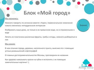 Блок «Мой город»
Мы научились:

Немного говорить по-испански вместе с Карен; первоначальное нежелание
нового сменилось неподдельным интересом                                       Знания
Изображать наши дома, не только в их привычном виде, но и отраженными в
воде

Лепить из пластилина различные фрукты, грибы и ягоды, немного разбираться в
них

Мы узнали:

В чем отличия города, деревни, населенного пункта, выяснив это с помощью
устных размышлений и фотографий

О главных достопримечательностях Москвы, проговорили их названия

Как здорово намазывать краски на губки и исполнять с их помощью
замечательные картины! :)
 