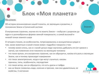 Блок «Моя планета»
Мы узнали:

Об истории возникновения нашей планеты, ее эволюции и развитии, о
положении Земли в Солнечной системе                                             Знания
О внутреннем строении, изучив его по макету Земли – глобусом с разрезом до
ядра и о разнообразных формах земной поверхности, о самой высокой и
низкой точках земного шара

О четырех стихиях, их особенностях, потренировались в ассоциативных рядах и
том, какие животные в какой стихии живут; подробно говорили о том:
• почему важен огонь, как и с какой целью люди научились добывать его (от кремня к
   свечи), как появление огня повлияло на эволюцию человека
• что такое вулкан, его внутреннее строение, как он образуется, какова его роль в эволюции
   Земли, как и почему происходят извержения
• что такое землетрясения, когда и где могут случиться, каковы
   причины, типы, особенности, последствия
• что такое ветер, как он образуется, что есть ураган и тайфун
• как на Земле появилась вода, соленая и пресная, чем она удивительна, ее
   свойства, 3 состояния
 
