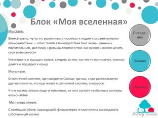 Блок «Моя вселенная»
Мы стали:
                                                                              Поведе-
Внимательно, чутко и с уважением относиться к людям с ограниченными             ние
возможностями — опыт такого взаимодействия был очень ценным и
поучительным, дал пищу к размышлениям о том, как нужно и важно ценить
свои возможности

Чувствовать и ощущать время, следить за тем, как что-то начинается, сколько   Знания
длится и подходит к концу

Мы узнали:

О солнечной системе, где находится Солнце, где мы, а где располагаются
другие планеты, кто еще живет в солнечной системе, в космосе
                                                                              Навыки
Что в космос летали люди и животные, из чего состоят необычные костюмы
космонавтов

Мы теперь умеем:

С помощью обоев, карандашей, фломастеров и пластилина воссоздавать
собственный космос
 