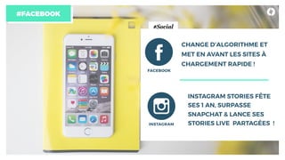 #FACEBOOK
CHANGE D’ALGORITHME ET
MET EN AVANT LES SITES À
CHARGEMENT RAPIDE !
INSTAGRAM STORIES FÊTE
SES 1 AN, SURPASSE
SNAPCHAT & LANCE SES
STORIES LIVE PARTAGÉES !
FACEBOOK
INSTAGRAM
#Social
 