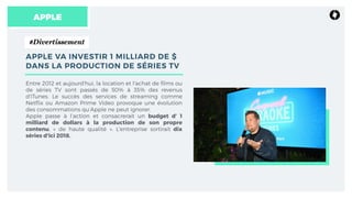 APPLE
APPLE VA INVESTIR 1 MILLIARD DE $
DANS LA PRODUCTION DE SÉRIES TV
Entre 2012 et aujourd'hui, la location et l'achat de ﬁlms ou
de séries TV sont passés de 50% à 35% des revenus
d'iTunes. Le succès des services de streaming comme
Netﬂix ou Amazon Prime Video provoque une évolution
des consommations qu’Apple ne peut ignorer.
Apple passe à l’action et consacrerait un budget d’ 1
milliard de dollars à la production de son propre
contenu, « de haute qualité ». L'entreprise sortirait dix
séries d'ici 2018.
#Divertissement
 