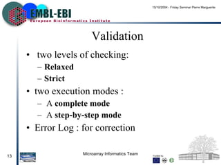 Validation two levels of checking: Relaxed Strict two execution modes : A  complete mode A  step-by-step mode Error Log : for correction 