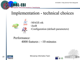 Implementation -  technical  choices -MAGE-stk JaxB Configuration (default parameters) Performance: 4000 features : ~10 minutes 