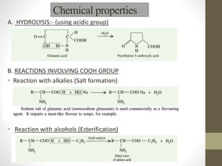 Chemical properties
A. HYDROLYSIS:- (using acidic group)
B. REACTIONS INVOLVING COOH GROUP
• Reaction with alkalies (Salt formation)
• Reaction with alcohols (Esterification)
 