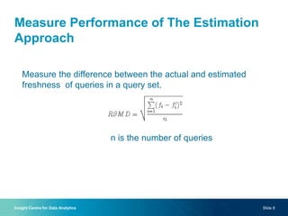Measure Performance of The Estimation
Approach
Insight Centre for Data Analytics Slide 8
n is the number of queries
Measure the difference between the actual and estimated
freshness of queries in a query set.
 