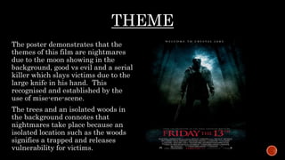 THEME
The poster demonstrates that the
themes of this film are nightmares
due to the moon showing in the
background, good vs evil and a serial
killer which slays victims due to the
large knife in his hand. This
recognised and established by the
use of mise-ene-scene.
The trees and an isolated woods in
the background connotes that
nightmares take place because an
isolated location such as the woods
signifies a trapped and releases
vulnerability for victims.
 