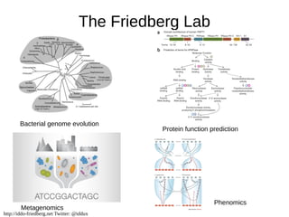 http://iddo-friedberg.net Twitter: @iddux
The Friedberg Lab
Bacterial genome evolution
Protein function prediction
Metagenomics
Phenomics
 