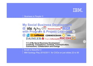 Business is People ☺



My Social Business Development
@
with Program & Project Learnings
@

   7 C of My Social Business Development
   Creativity, Competence, Contacts, Communication,
   Connections, Collaboration and Change
 Small is Beautiful ☺
 IBM Synergy Play 2010/2011 for CXOs on just slides 22 to 56
 