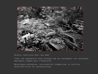 Objets, avez-vous donc une âme? C'est une impression bien étrange que de contempler ces carcasses désormais figées pour l'éternité.  Mécaniques endormies, carrosseries rongées par la rouille, réveillez-vous! Et racontez-nous… 