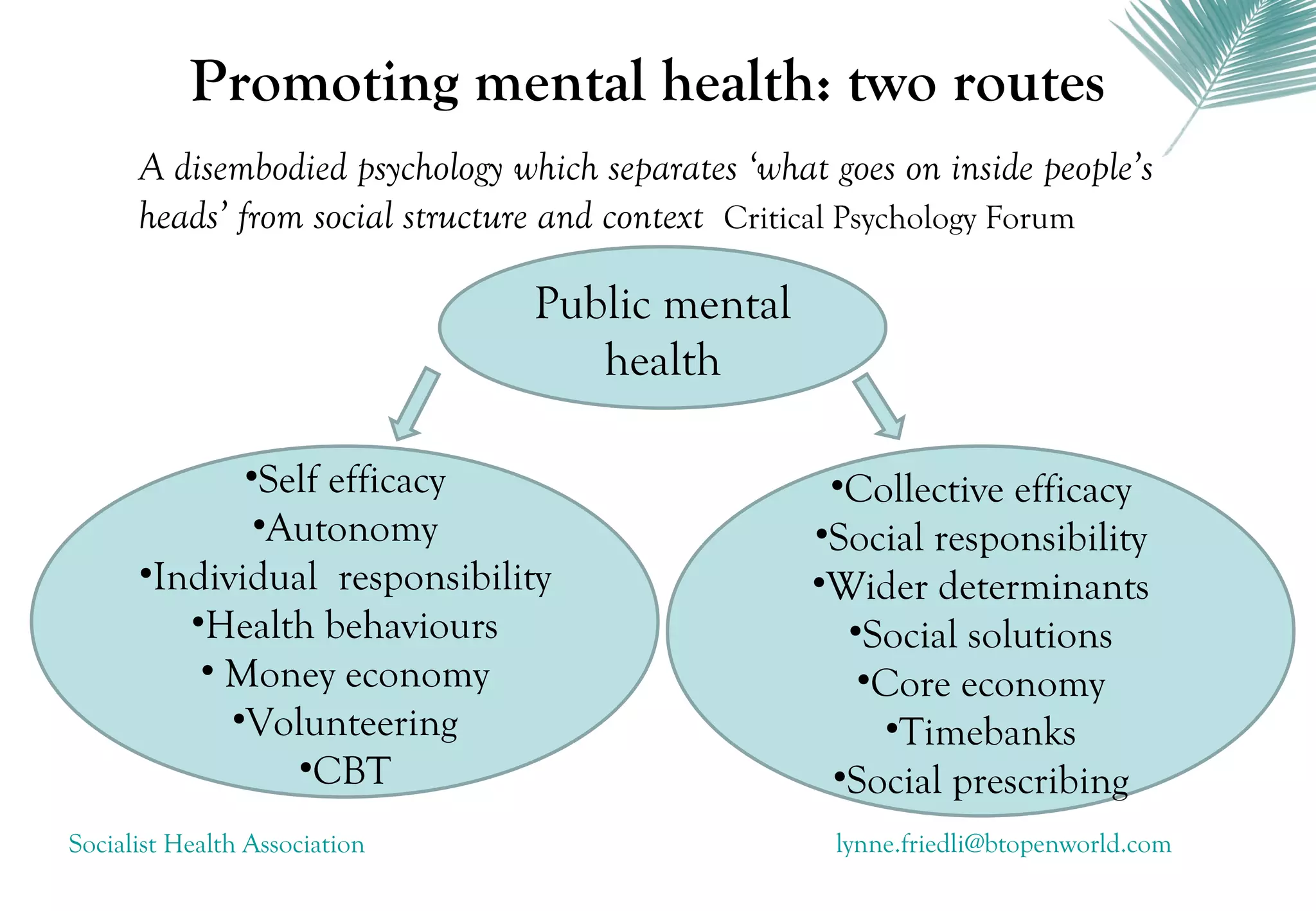 Promoting mental health: two routes
      A disembodied psychology which separates ‘what goes on inside people’s
      heads’ from social structure and context Critical Psychology Forum

                                 Public mental
                                    health

             •Self efficacy                          •Collective efficacy
              •Autonomy                             •Social responsibility
      •Individual responsibility                    •Wider determinants
         •Health behaviours                           •Social solutions
          • Money economy                              •Core economy
            •Volunteering                               •Timebanks
                •CBT                                 •Social prescribing
Socialist Health Association                          lynne.friedli@btopenworld.com
 