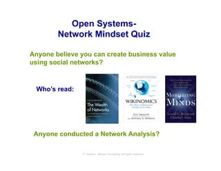 Open Systems-
        Network Mindset Quiz

Anyone believe you can create business value
using social networks?



 Who’s read:




 Anyone conducted a Network Analysis?

               © Axelrod ⋅ Becker Consulting   All rights reserved
 