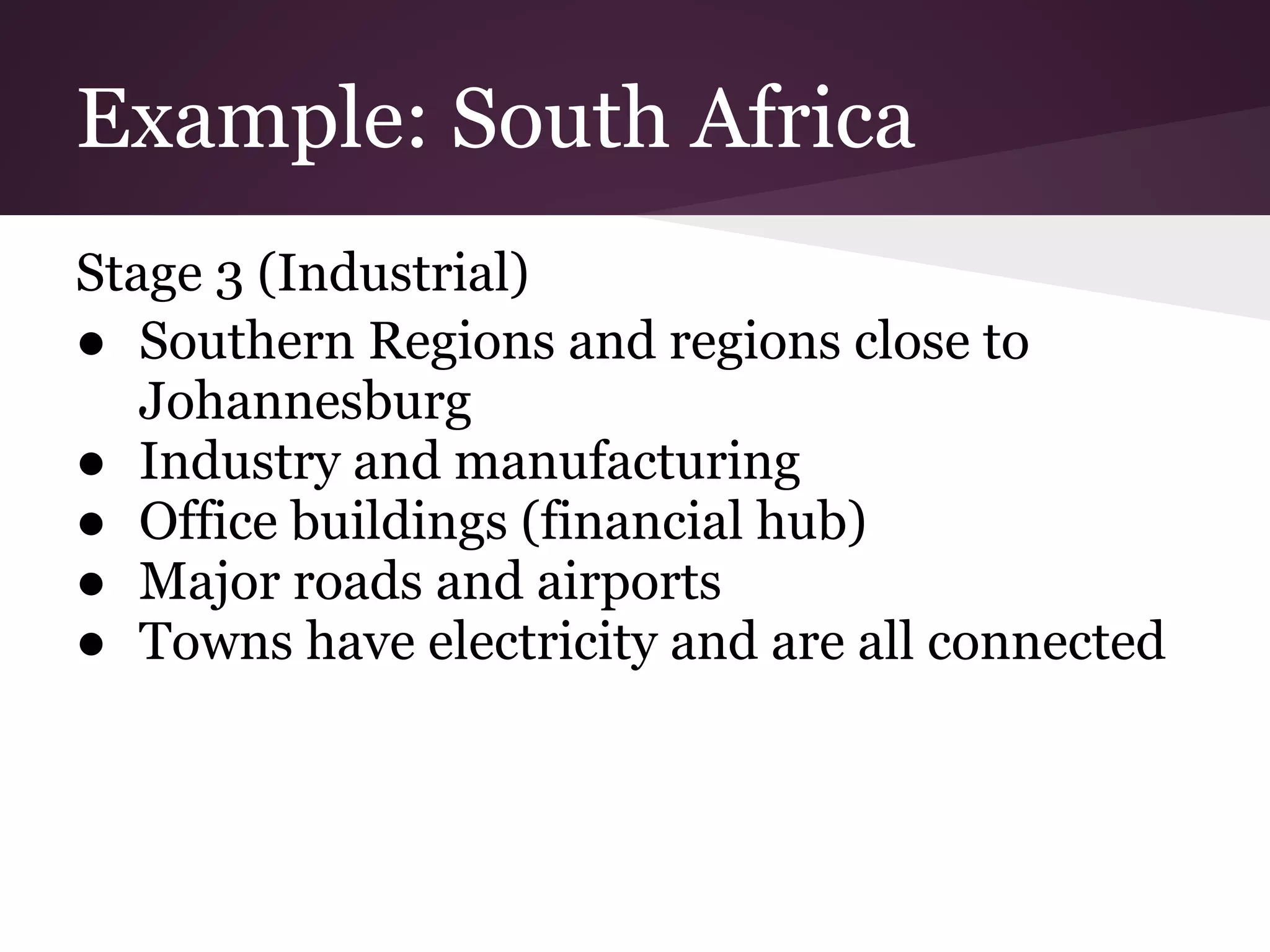 Example: South Africa
Stage 3 (Industrial)
● Southern Regions and regions close to
   Johannesburg
● Industry and manufacturing
● Office buildings (financial hub)
● Major roads and airports
● Towns have electricity and are all connected
 