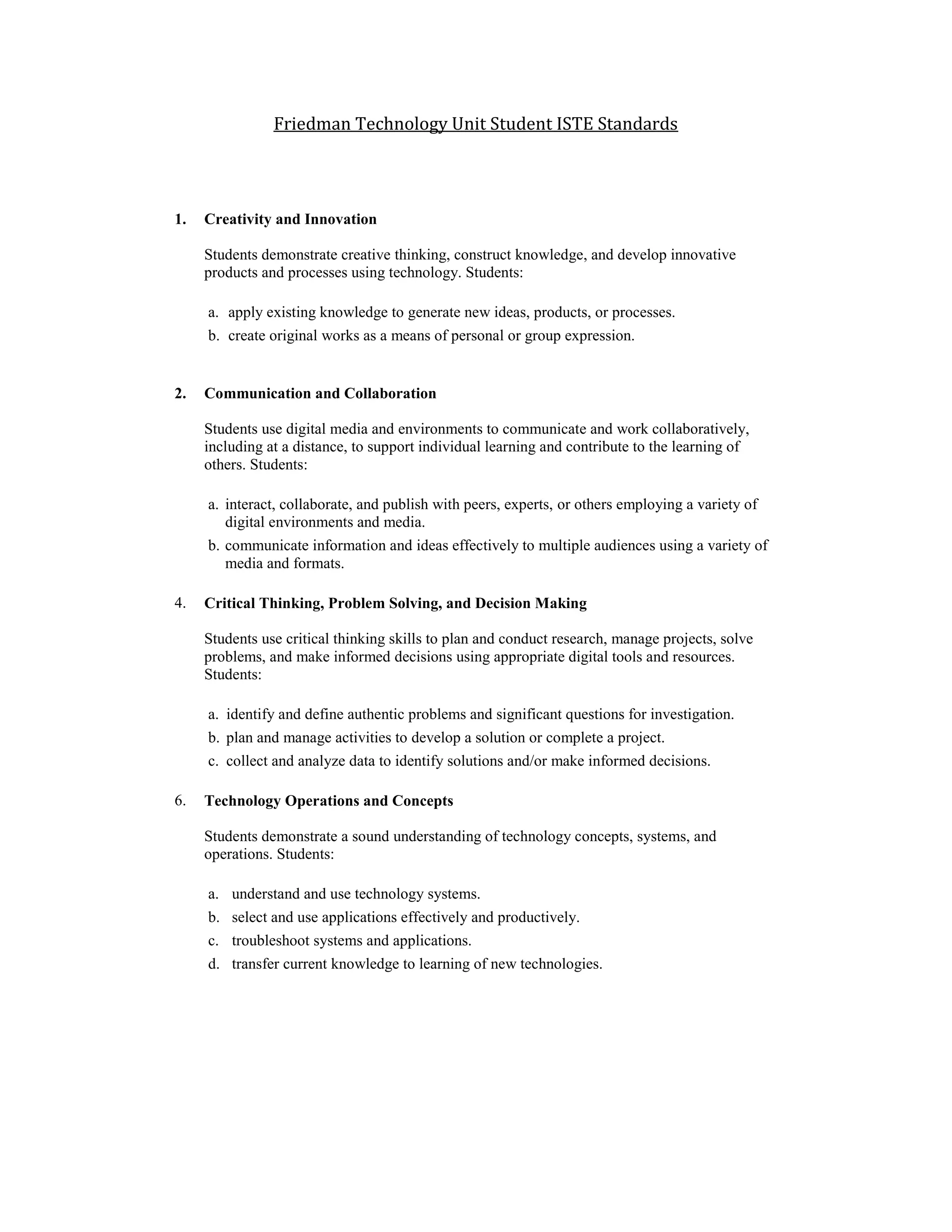 Friedman technology unit student iste standards | PDF