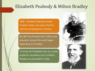 Elizabeth Peabody & Milton Bradley
1860 – Elizabeth Peabody studies
Froebel's ideas, and opens the first
common kindergarten in Boston.
By 1867 the Prussian ban is lifted, and
educators around the world begin
expanding on his ideas.
To bring the Froebelian toys to a wider
audience, toymakers such as Milton
Bradley are persuaded to help.
 