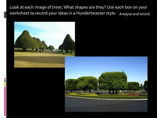 Look at each image of trees. What shapes are they? Use each box on your
worksheet to record your ideas in a Hundertwasser style. Analyse and record.
 