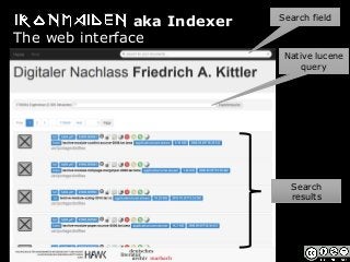 aka Indexer
The web interface
Search field
Native lucene
query
Search
results
 