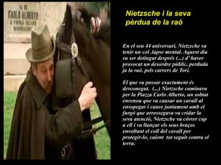En el seu 44 aniversari, Nietzsche va tenir un col .lapse mental. Aquest dia va ser detingut després (...) d’ haver provocat un desordre públic, perduda ja la raó, pels carrers de Torí.  El que va passar exactament és desconegut.  (...) Nietzsche caminava per la Piazza Carlo Alberto, un sobtat enrenou que va causar un cavall al ensopegar i caure juntament amb el furgó que arrossegava va cridar la seva atenció, Nietzsche va córrer cap a ell i va llançar els seus braços envoltant el coll del cavall per protegir-lo, caient  tot seguit contra el terra. Nietzsche i la seva pèrdua de la raó 