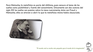 Para Nietzsche, la metafísica es parte del nihilismo, pues censura el tema de los sueños como posibilidad y fuente del conocimiento. Únicamente con dos autores del siglo XIX los sueños son puestos sobre la mesa nuevamente, éstos son Freud y Nietzsche; ellos se atreven a abrir lo que la metafísica misma había clausurado. 
“El mundo real es mucho más pequeño que el mundo de la imaginación”  
