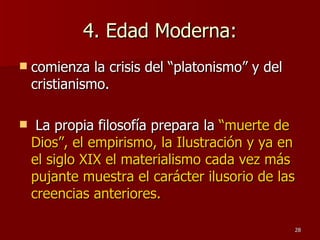 4. Edad Moderna: comienza la crisis del “platonismo” y del cristianismo. La propia filosofía prepara la  “muerte de Dios”, el empirismo, la Ilustración y ya en el siglo XIX el materialismo cada vez más pujante muestra el carácter ilusorio de las creencias anteriores. 