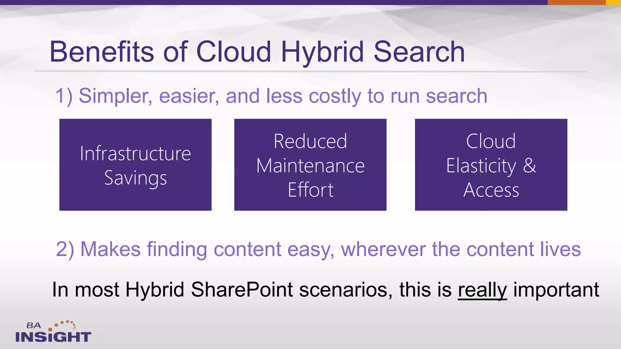 Benefits of Cloud Hybrid Search
2) Makes finding content easy, wherever the content lives
1) Simpler, easier, and less costly to run search
 