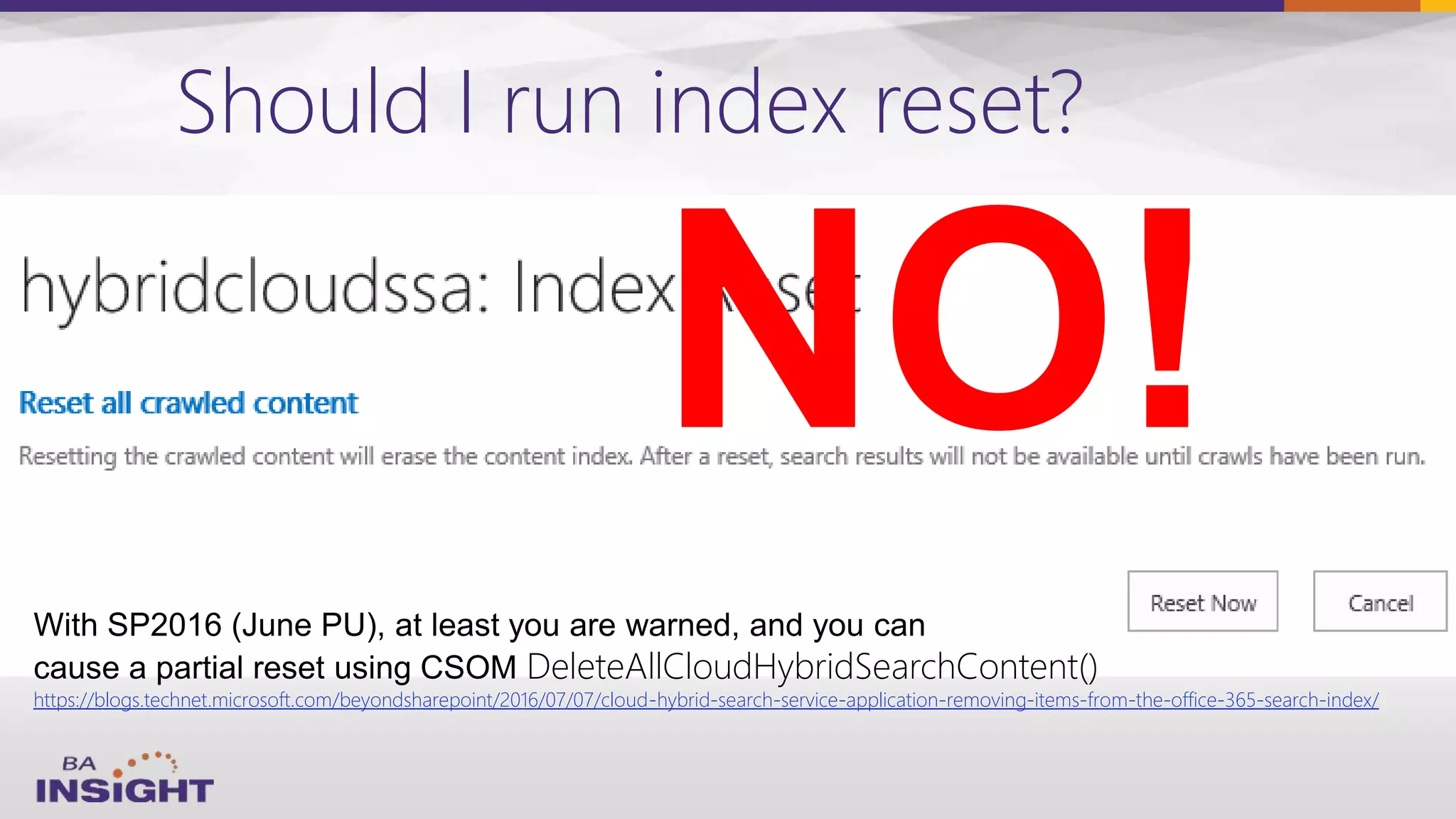 Should I run index reset?
NO!
DeleteAllCloudHybridSearchContent()
https://blogs.technet.microsoft.com/beyondsharepoint/2016/07/07/cloud-hybrid-search-service-application-removing-items-from-the-office-365-search-index/
 