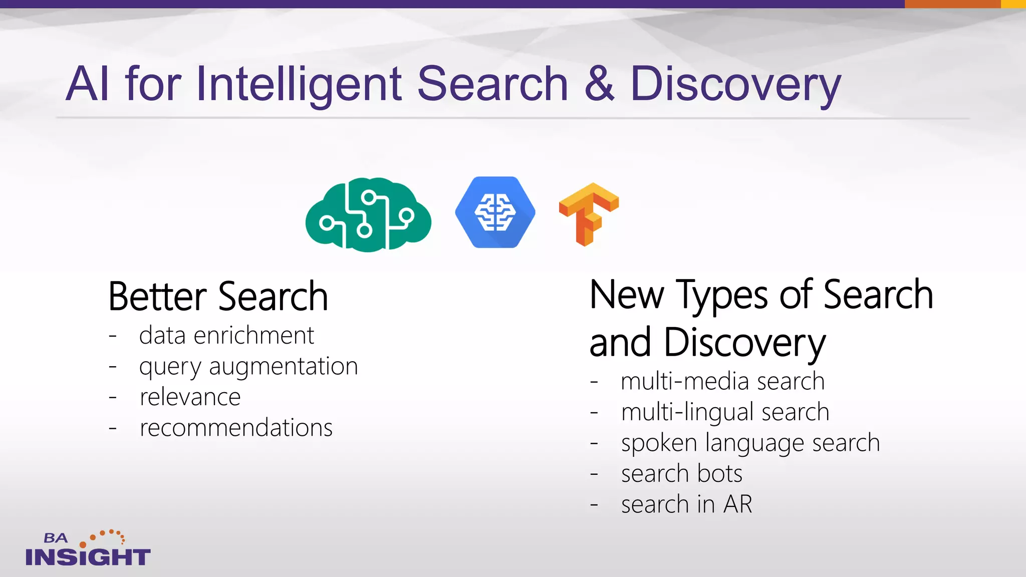 Better Search
- data enrichment
- query augmentation
- relevance
- recommendations
New Types of Search
and Discovery
- multi-media search
- multi-lingual search
- spoken language search
- search bots
- search in AR
AI for Intelligent Search & Discovery
 