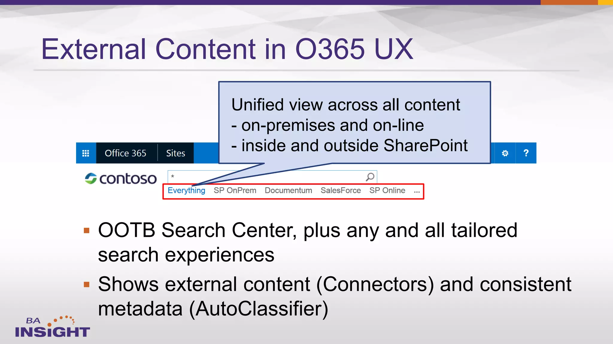 

External Content in O365 UX
Unified view across all content
- on-premises and on-line
- inside and outside SharePoint
 