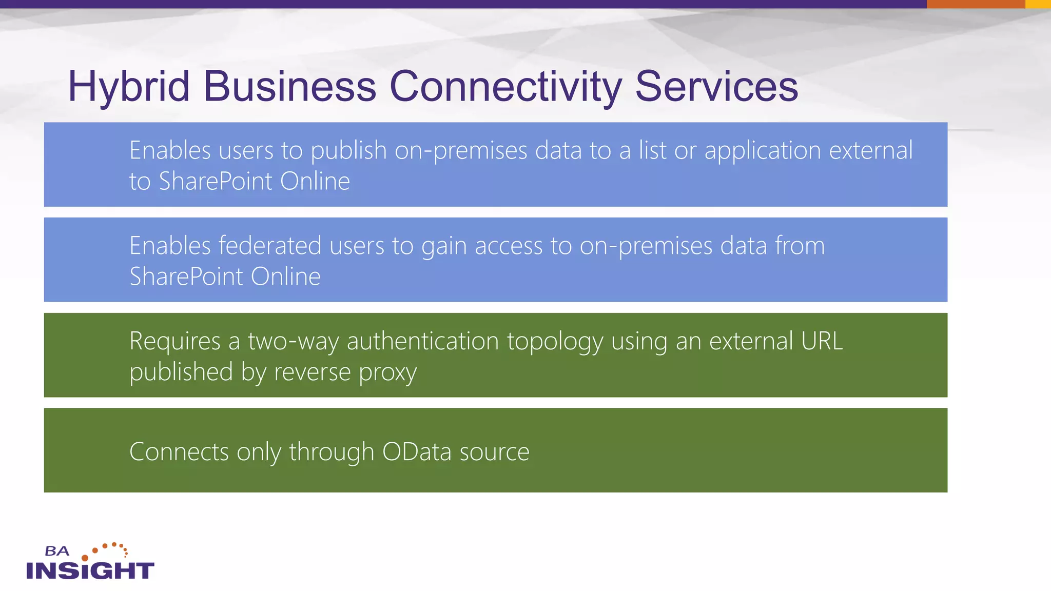 Hybrid Business Connectivity Services
Enables users to publish on-premises data to a list or application external
to SharePoint Online
Enables federated users to gain access to on-premises data from
SharePoint Online
Requires a two-way authentication topology using an external URL
published by reverse proxy
Connects only through OData source
 