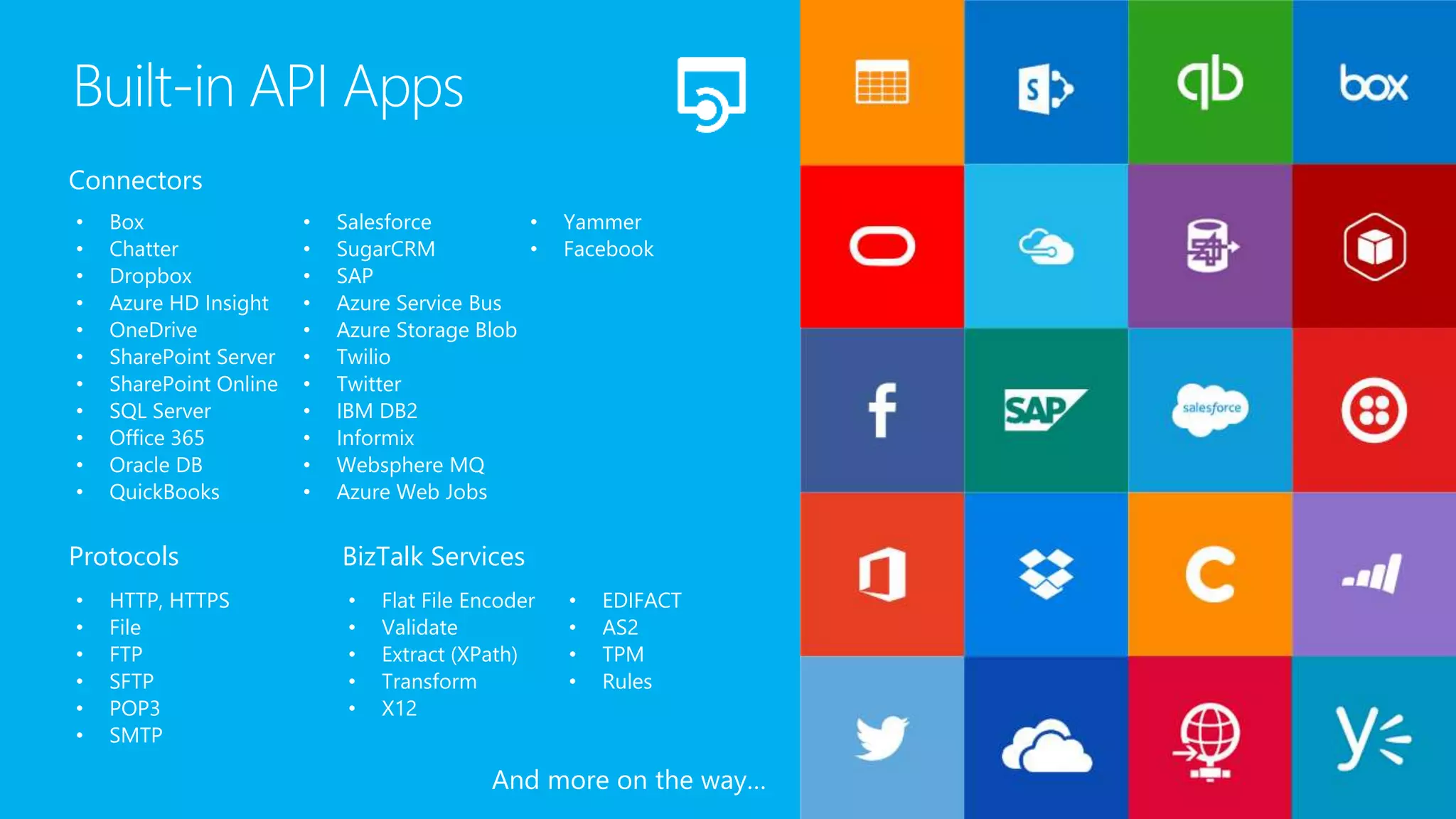 • Box
• Chatter
• Dropbox
• Azure HD Insight
• OneDrive
• SharePoint Server
• SharePoint Online
• SQL Server
• Office 365
• Oracle DB
• QuickBooks
• Salesforce
• SugarCRM
• SAP
• Azure Service Bus
• Azure Storage Blob
• Twilio
• Twitter
• IBM DB2
• Informix
• Websphere MQ
• Azure Web Jobs
• Yammer
• Facebook
• HTTP, HTTPS
• File
• FTP
• SFTP
• POP3
• SMTP
• Flat File Encoder
• Validate
• Extract (XPath)
• Transform
• X12
• EDIFACT
• AS2
• TPM
• Rules
Connectors
Protocols BizTalk Services
Built-in API Apps
And more on the way…
 