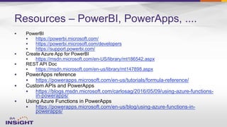Resources – PowerBI, PowerApps, ....

 https://powerbi.microsoft.com/
 https://powerbi.microsoft.com/developers
 https://support.powerbi.com/

 https://msdn.microsoft.com/en-US/library/mt186542.aspx

 https://msdn.microsoft.com/en-us/library/mt147898.aspx

 https://powerapps.microsoft.com/en-us/tutorials/formula-reference/

 https://blogs.msdn.microsoft.com/carlosag/2016/05/09/using-azure-functions-
in-powerapps/

 https://powerapps.microsoft.com/en-us/blog/using-azure-functions-in-
powerapps/
 