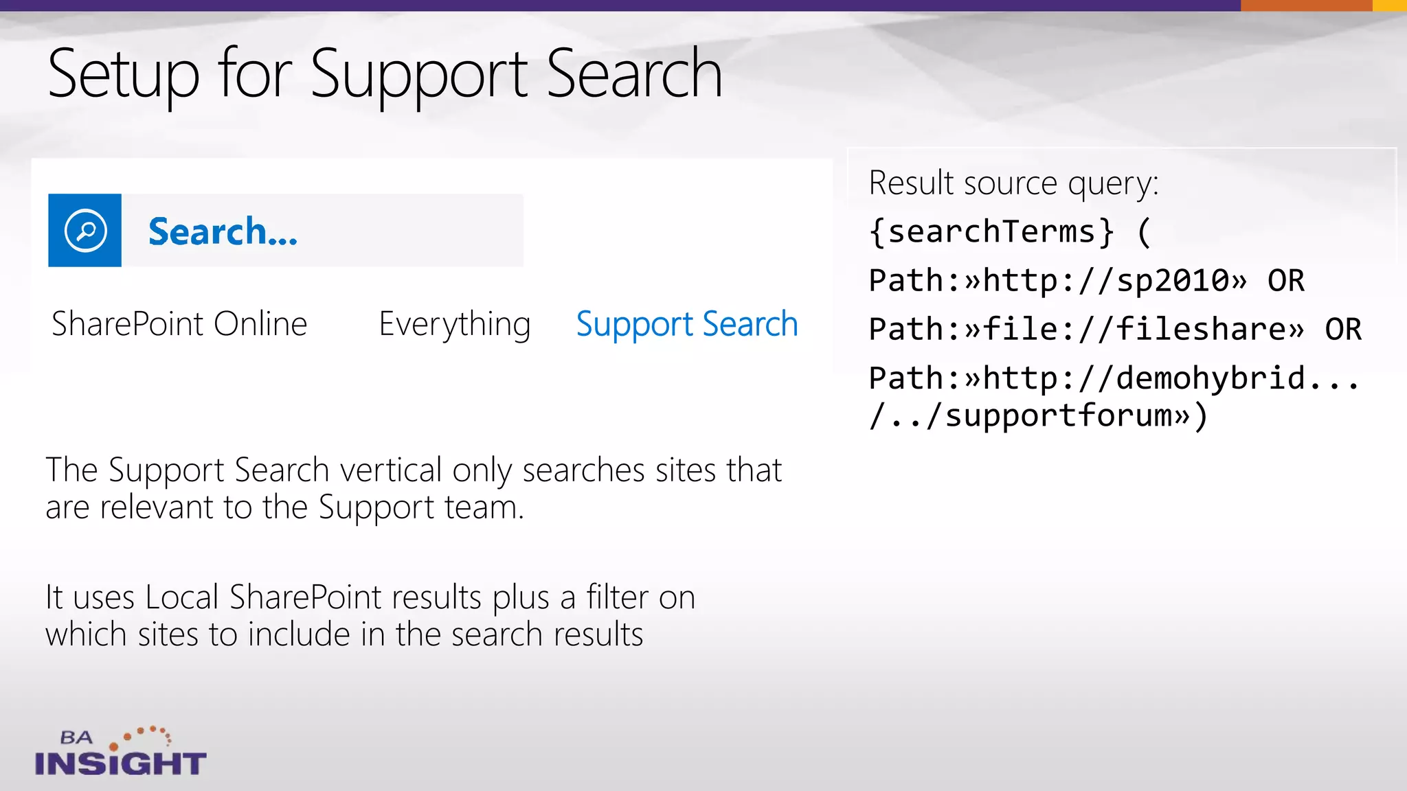 Setup for Support Search
The Support Search vertical only searches sites that
are relevant to the Support team.
It uses Local SharePoint results plus a filter on
which sites to include in the search results
Result source query:
{searchTerms} (
Path:»http://sp2010» OR
Path:»file://fileshare» OR
Path:»http://demohybrid...
/../supportforum»)
SharePoint Online Support Search
 