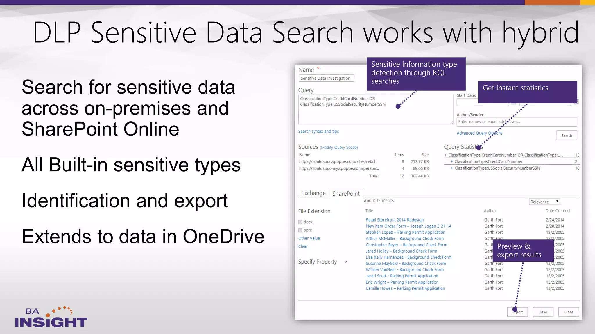 DLP Sensitive Data Search works with hybrid
Search for sensitive data
across on-premises and
SharePoint Online
All Built-in sensitive types
Identification and export
Extends to data in OneDrive
Sensitive Information type
detection through KQL
searches
Get instant statistics
Preview &
export results
 