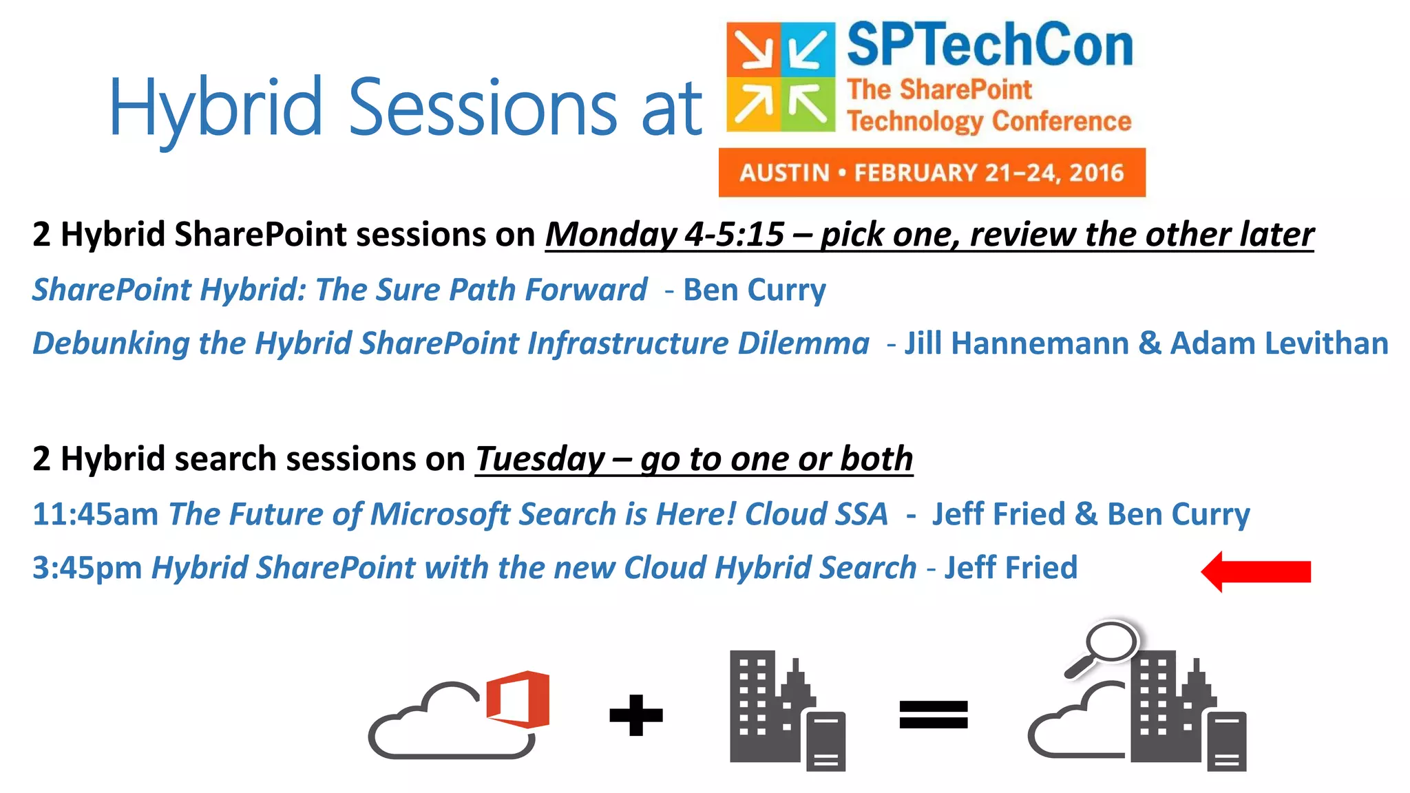2 Hybrid SharePoint sessions on Monday 4-5:15 – pick one, review the other later
SharePoint Hybrid: The Sure Path Forward - Ben Curry
Debunking the Hybrid SharePoint Infrastructure Dilemma - Jill Hannemann & Adam Levithan
2 Hybrid search sessions on Tuesday – go to one or both
11:45am The Future of Microsoft Search is Here! Cloud SSA - Jeff Fried & Ben Curry
3:45pm Hybrid SharePoint with the new Cloud Hybrid Search - Jeff Fried
Hybrid Sessions at
 