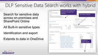 DLP Sensitive Data Search works with hybrid
Search for sensitive data
across on-premises and
SharePoint Online
All Built-in sensitive types
Identification and export
Extends to data in OneDrive
Sensitive Information type
detection through KQL
searches
Get instant statistics
Preview &
export results
 