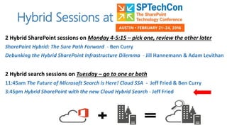2 Hybrid SharePoint sessions on Monday 4-5:15 – pick one, review the other later
SharePoint Hybrid: The Sure Path Forward - Ben Curry
Debunking the Hybrid SharePoint Infrastructure Dilemma - Jill Hannemann & Adam Levithan
2 Hybrid search sessions on Tuesday – go to one or both
11:45am The Future of Microsoft Search is Here! Cloud SSA - Jeff Fried & Ben Curry
3:45pm Hybrid SharePoint with the new Cloud Hybrid Search - Jeff Fried
Hybrid Sessions at
 