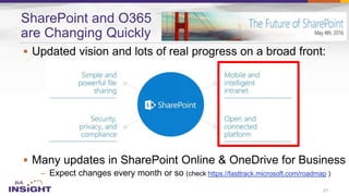 

– https://fasttrack.microsoft.com/roadmap
SharePoint and O365
are Changing Quickly
21
 