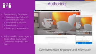 Exchange
• Easy Authoring Experience
• Natively embed Office 365
documents and video
• Auto-saved as you work
• Friendly URLs
• Looks good across devices
• Will be used to create pages in
Blogs, Office 365 Groups,
Codename “InfoPedia” and
more
Authoring
Connecting users to people and information
 