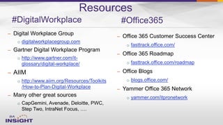 Resources
–
o fasttrack.office.com/
–
o fasttrack.office.com/roadmap
–
o blogs.office.com/
–
o yammer.com/itpronetwork
#DigitalWorkplace
–
o digitalworkplacegroup.com
–
o http://www.gartner.com/it-
glossary/digital-workplace/
–
o http://www.aiim.org/Resources/Toolkits
/How-to-Plan-Digital-Workplace
–
o
#Office365
 