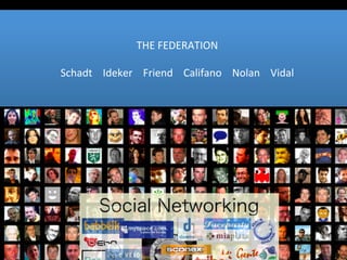 THE	
  FEDERATION	
  
                                                     	
  
Schadt	
  	
  	
  	
  Ideker	
  	
  	
  	
  Friend	
  	
  Haussler)	
  Nolan	
  	
  	
  	
  Vidal	
  	
  	
  	
  
                        (Nolan	
  and	
  	
  	
  Califano	
  	
  	
  	
  
 